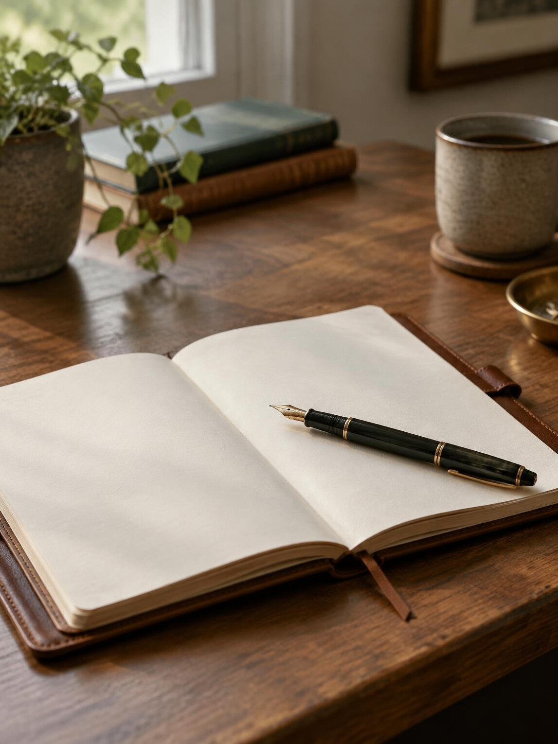 Notebook with pen on a quiet wooden desk